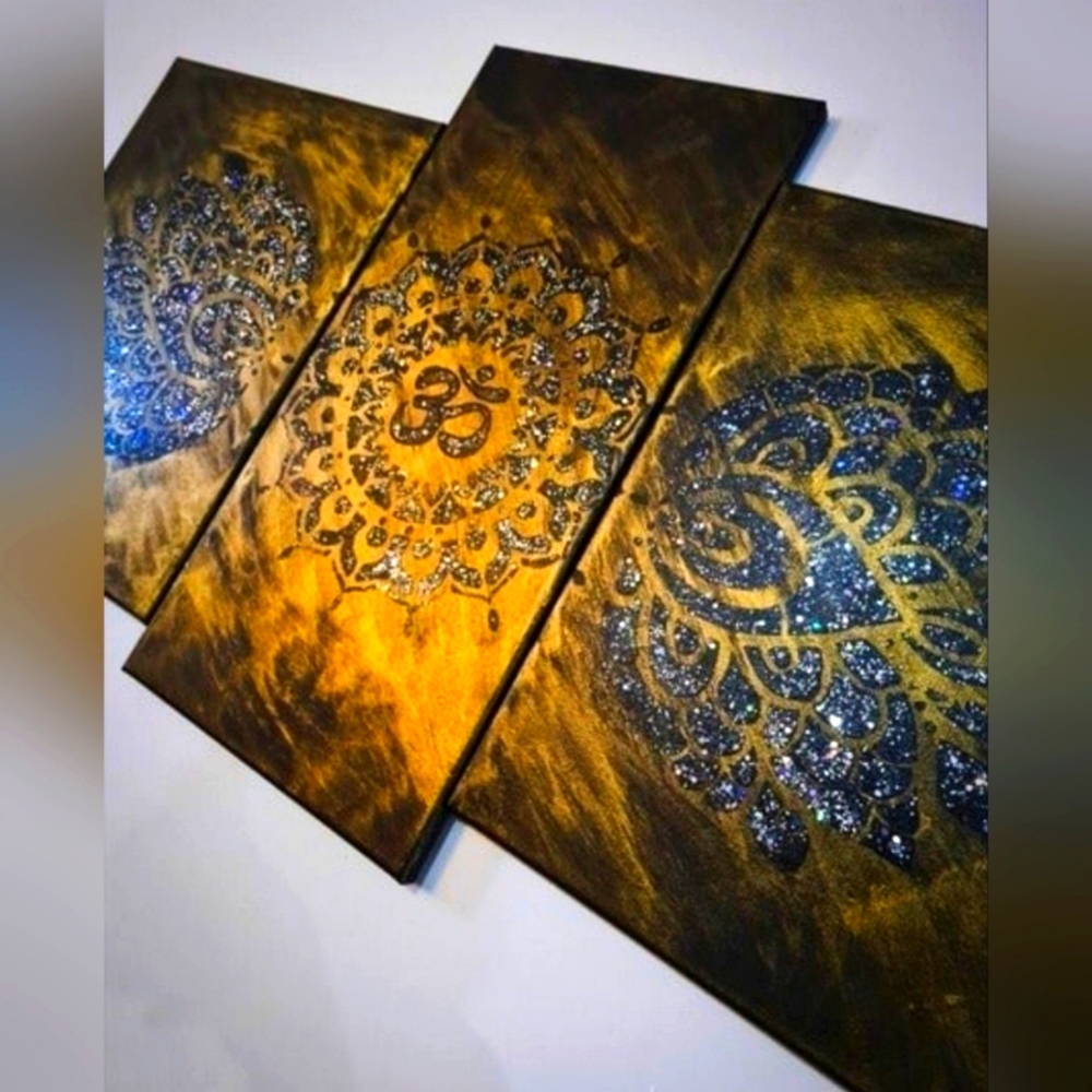 Home Decor Handmade Spiritual Canvas Large Paintings Bundle 3Piece Set OM Symbol
